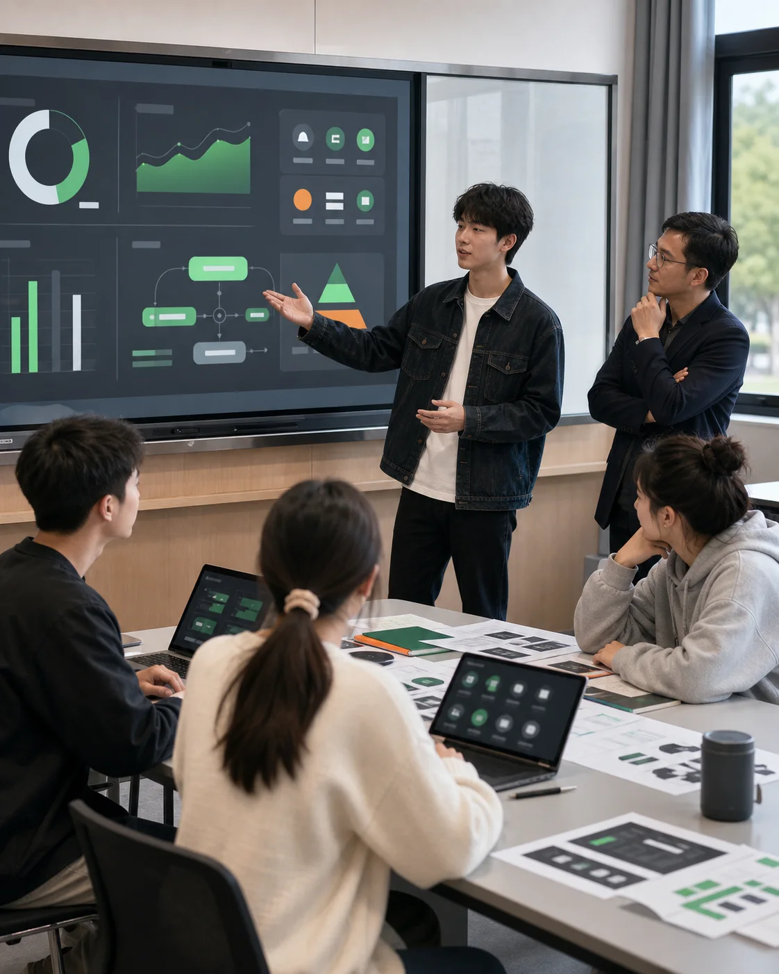 高校学生团队展示人工智能项目成果，教师与行业导师参与评审